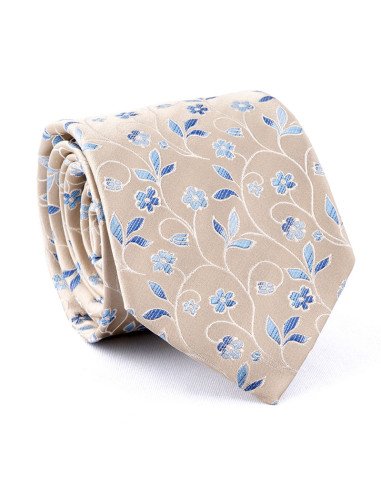 cravate soie beige motif fleurs bleu