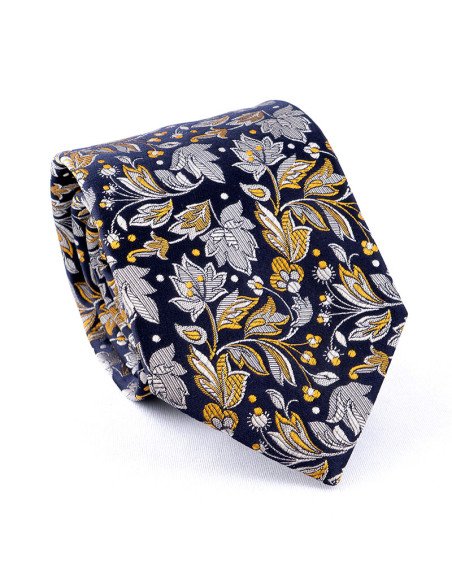 cravate soie tissée fleurs bleu gris jaune