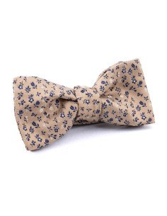 Nœud papillon soie tissée beige fleurs marine